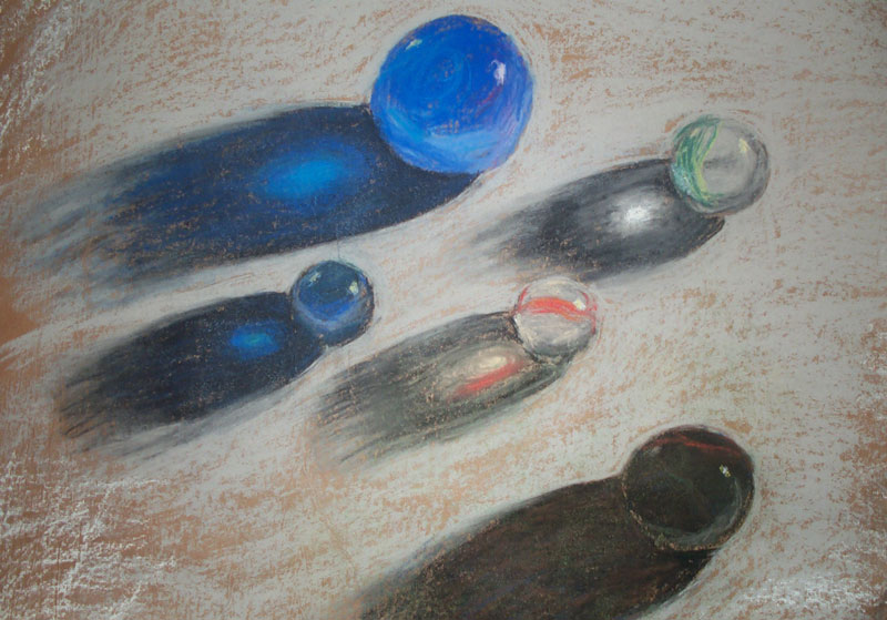 Pastel sketch of marbles showcasing light refraction and reflection