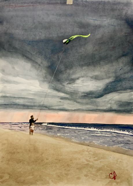 watercolor painting of a father and son flying a kite on a beach during a storm