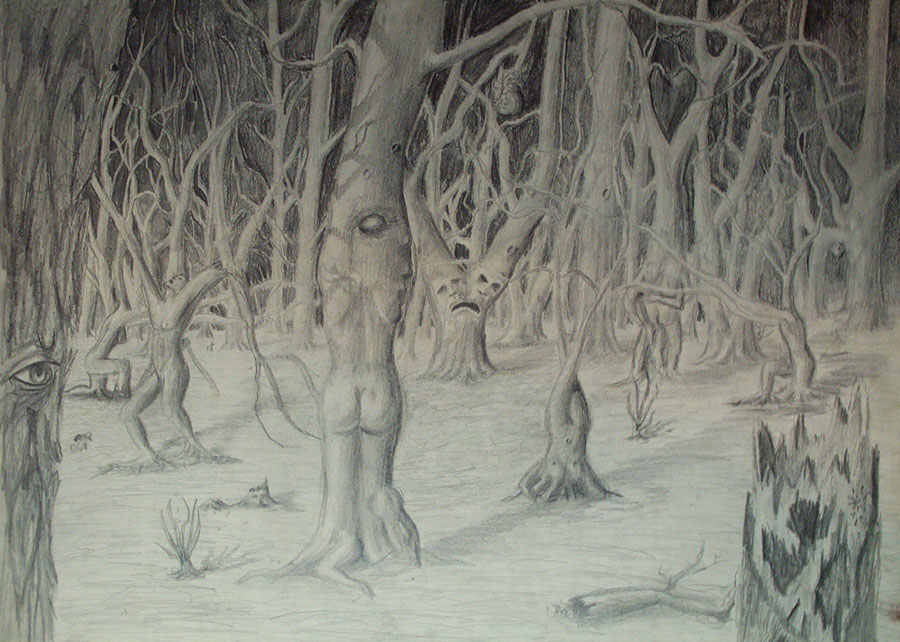 Pencil drawing of a tortured forest scene capturing eerie atmosphere and intricate details of the woods and negative emotions